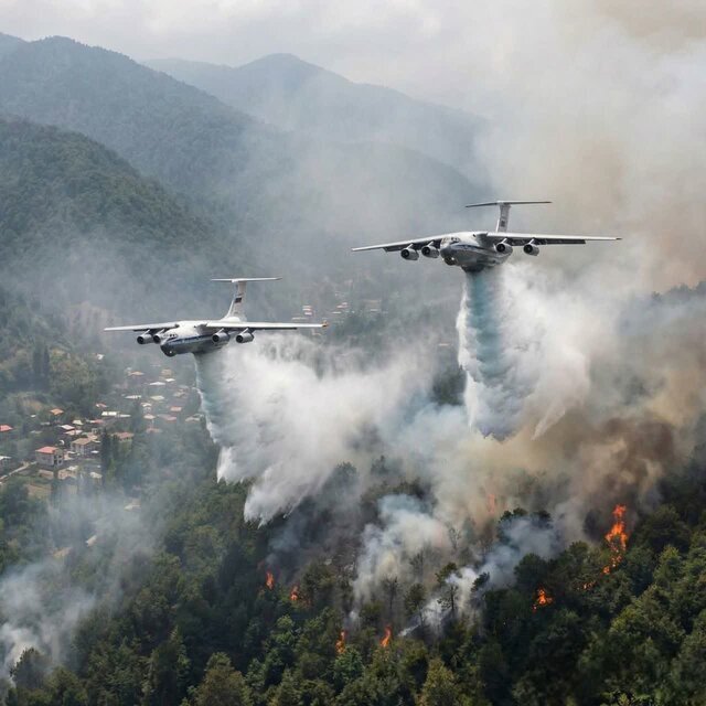 تصاویری از آب پاشی هواپیمای ایلیوشین با ظرفیت حمل ۴۰ تن آب بر محل آتش سوزی